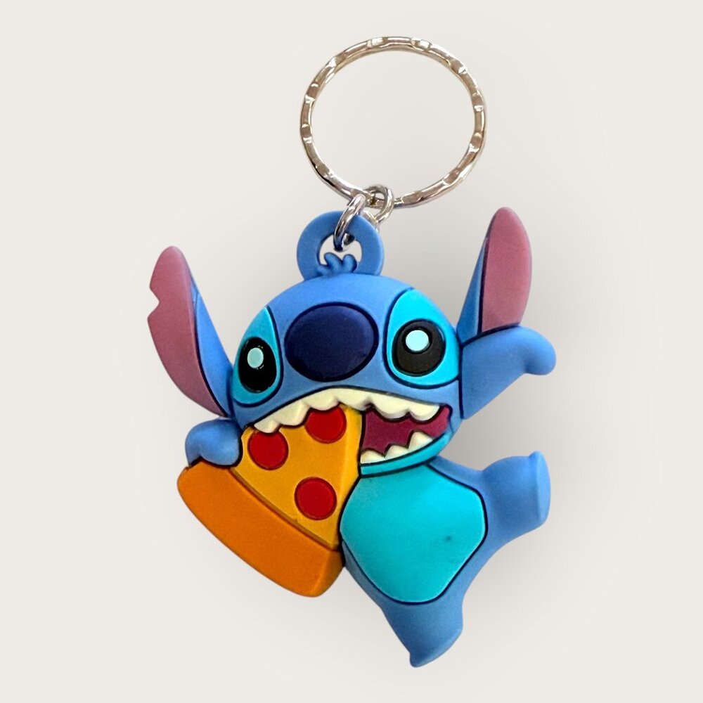 Disney Stitch Pizza Eating Rubber Keychain Keyring Blue Alien